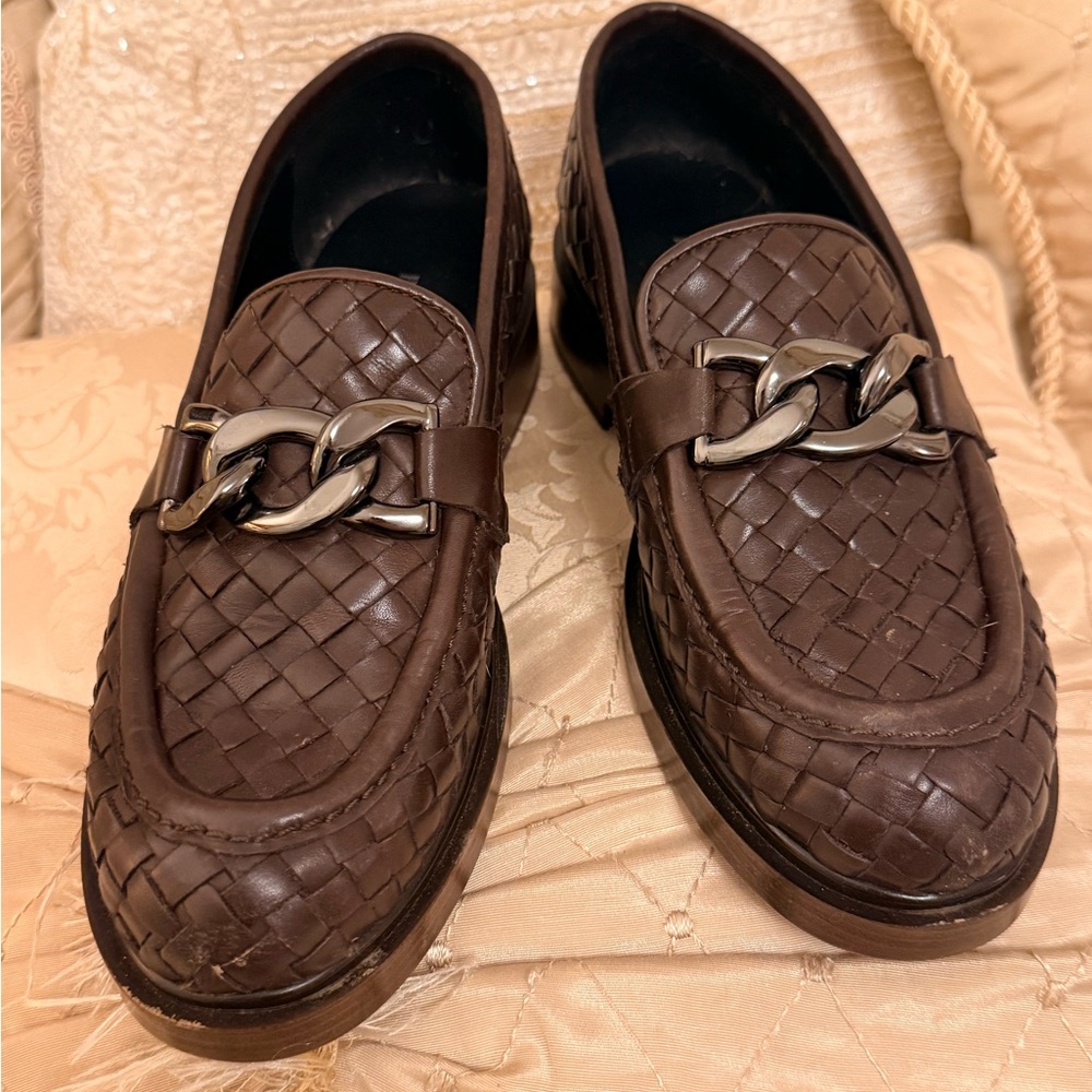 Pons Quintana Woven Brown Leather Loafers with Silver Chain